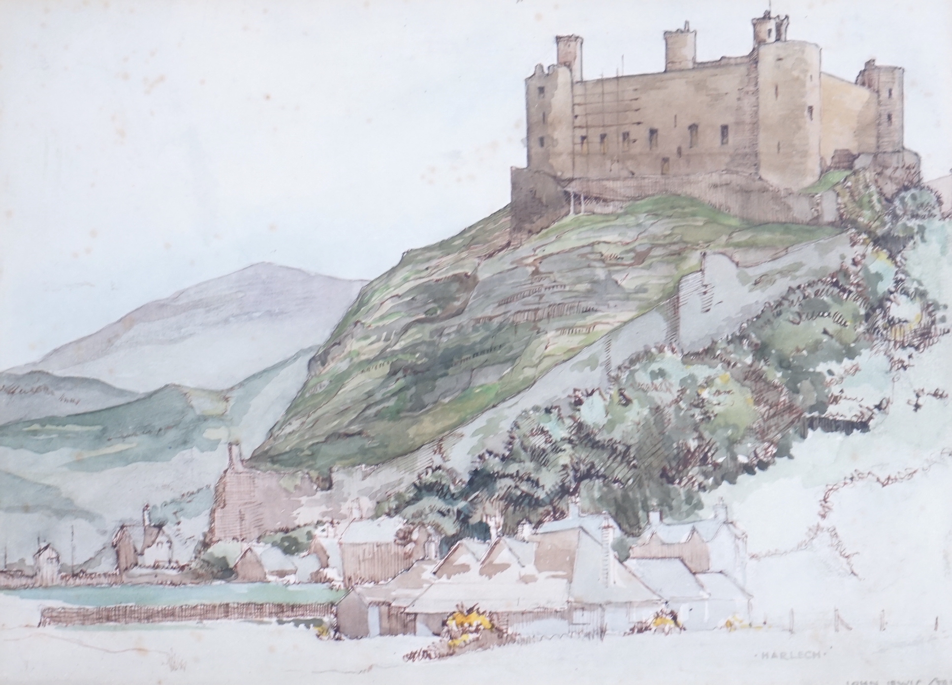 John Lewis Stang (fl. 1931-1955) ink and watercolour, Harlech Castle, signed and inscribed, 20 x 29cm